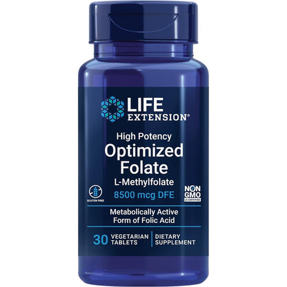 Life Extension High Potency Optimized Folate 8500 mcg front view bottle