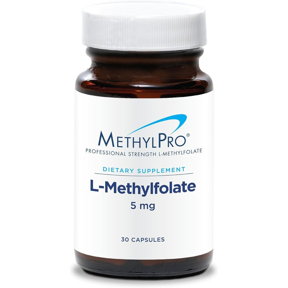 MethylPro L-Methylfolate 5 Milligrams 30 Capsules front view showcasing active folate bottle.