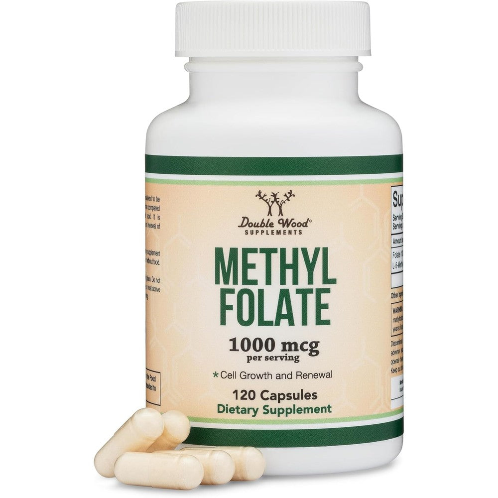 Double Wood Supplements Methyl Folate 1000 Micrograms bottle front view showing capsule count.
