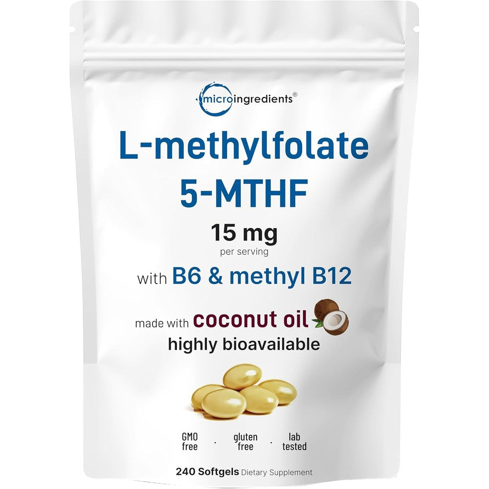 Micro Ingredients L Methylfolate 15mg front packaging view showing 240 softgels count