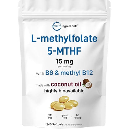 Micro Ingredients L Methylfolate 15mg front packaging view showing 240 softgels count