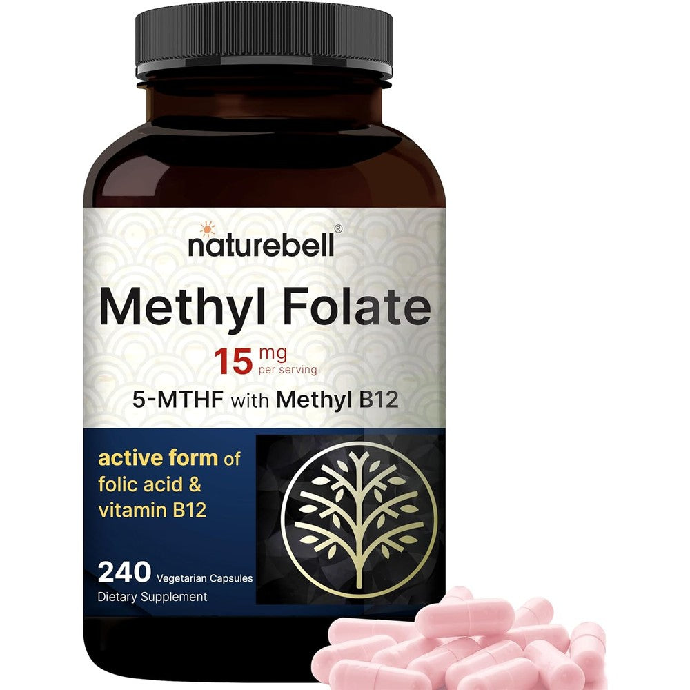 NatureBell Methyl Folate 15mg with Vitamin B12 front bottle view showing high potency dietary supplement details