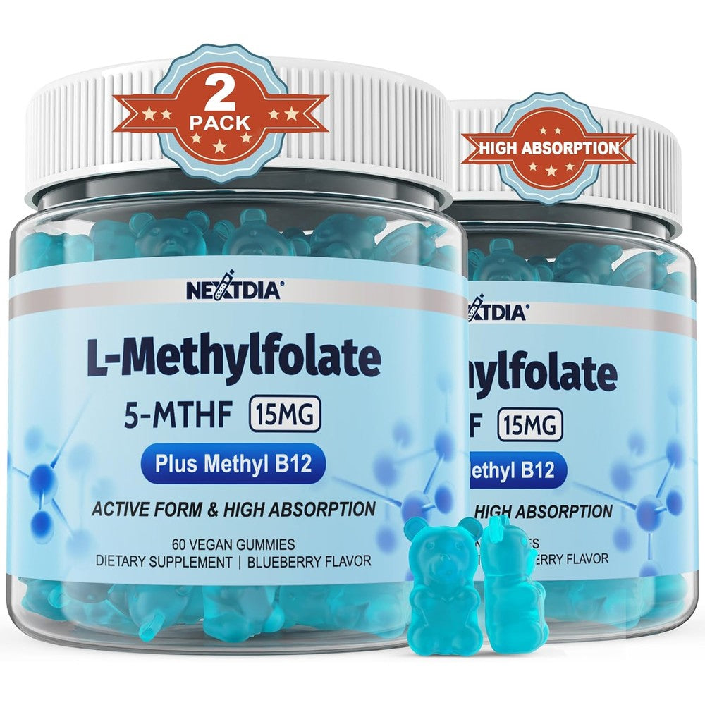 Nextdia L-Methylfolate 15mg and Methyl B12 gummies front view bottle for high absorption folate