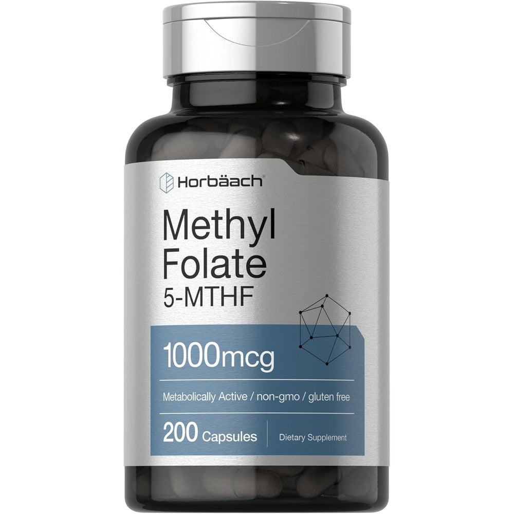 Horbaach Methyl Folate 1000mcg 200 capsules front bottle view active B9 supplement India