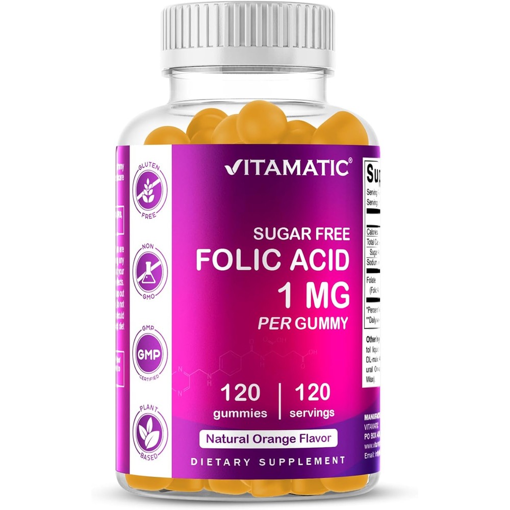 Vitamatic Folic Acid 1000mcg front view of the 120 vegan gummies bottle