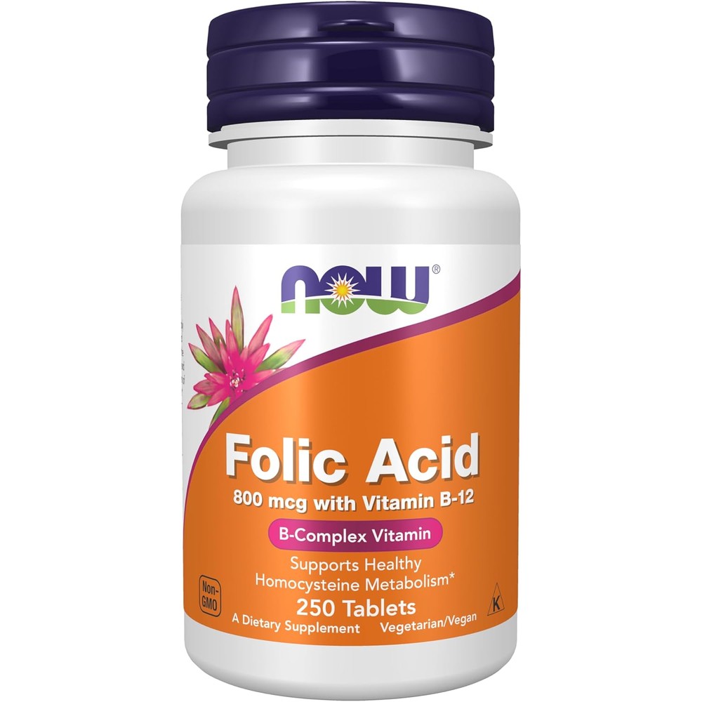 NOW Foods Folic Acid 800 mcg with Vitamin B12 250 Tablets front label view