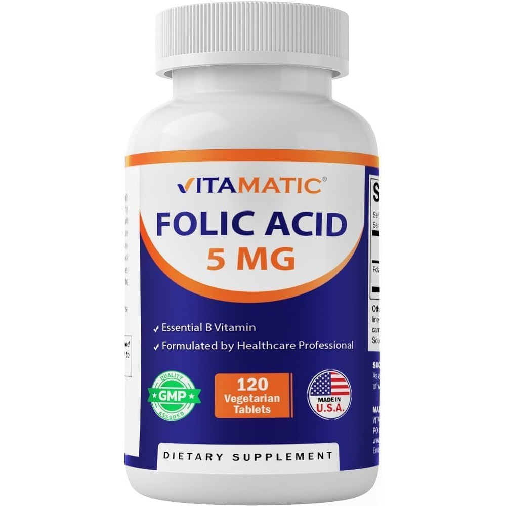 Vitamatic Folic Acid 5mg 120 vegetarian tablets front bottle view prenatal supplement