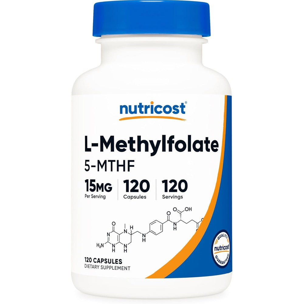 Nutricost L-Methylfolate 15mg 120 vegan capsules bottle front view active folate supplement