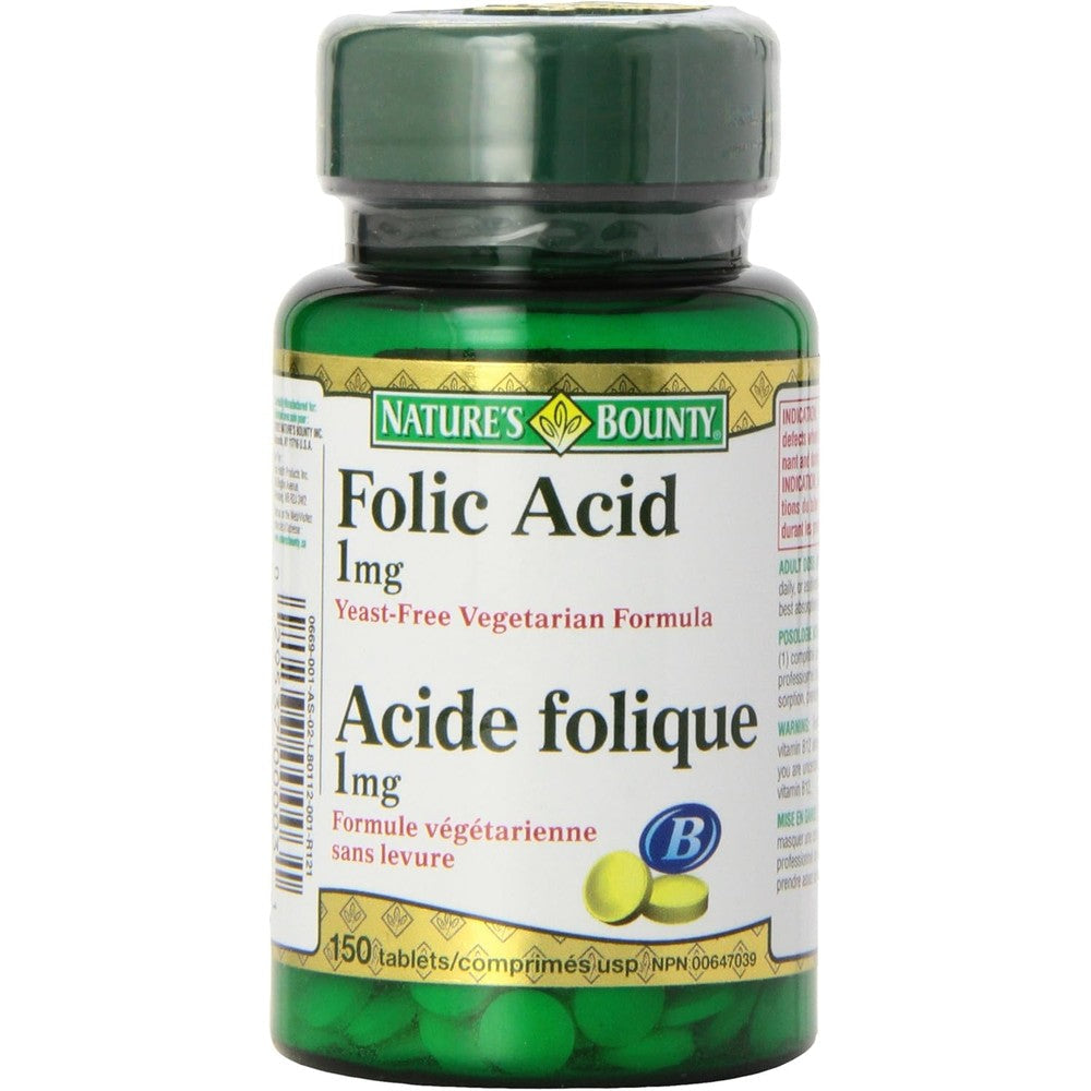 Nature's Bounty Folic Acid 1 milligram 150 vegetarian tablets front view bottle