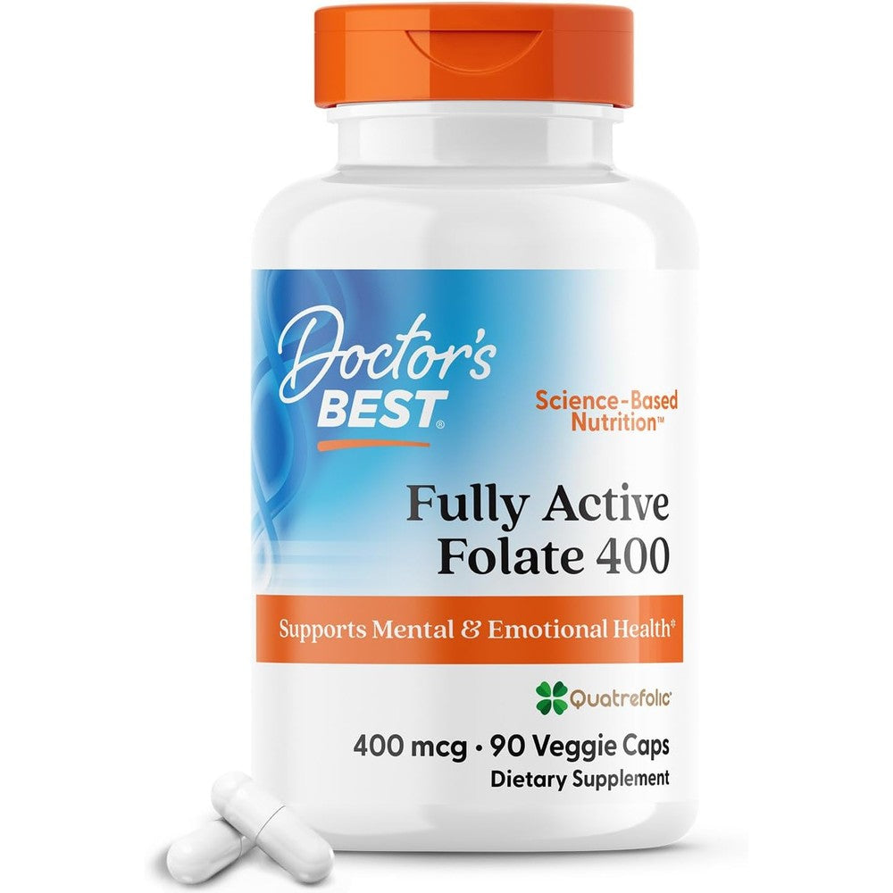 Doctor's Best Fully Active Folate 400mcg front view of the 90 vegetarian capsules bottle