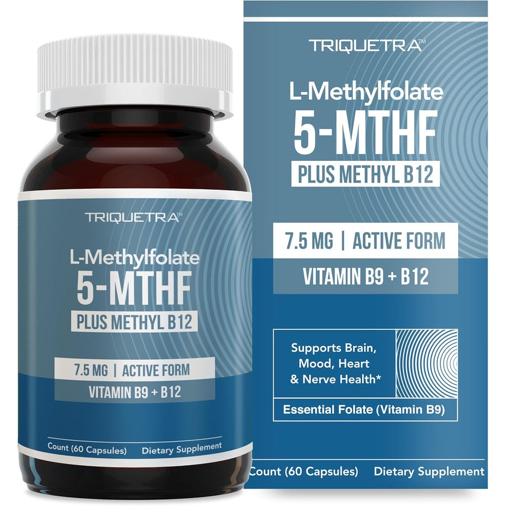 Triquetra Health L-Methylfolate 7.5 mg plus Methyl B12 front label view of the 60 capsules bottle.