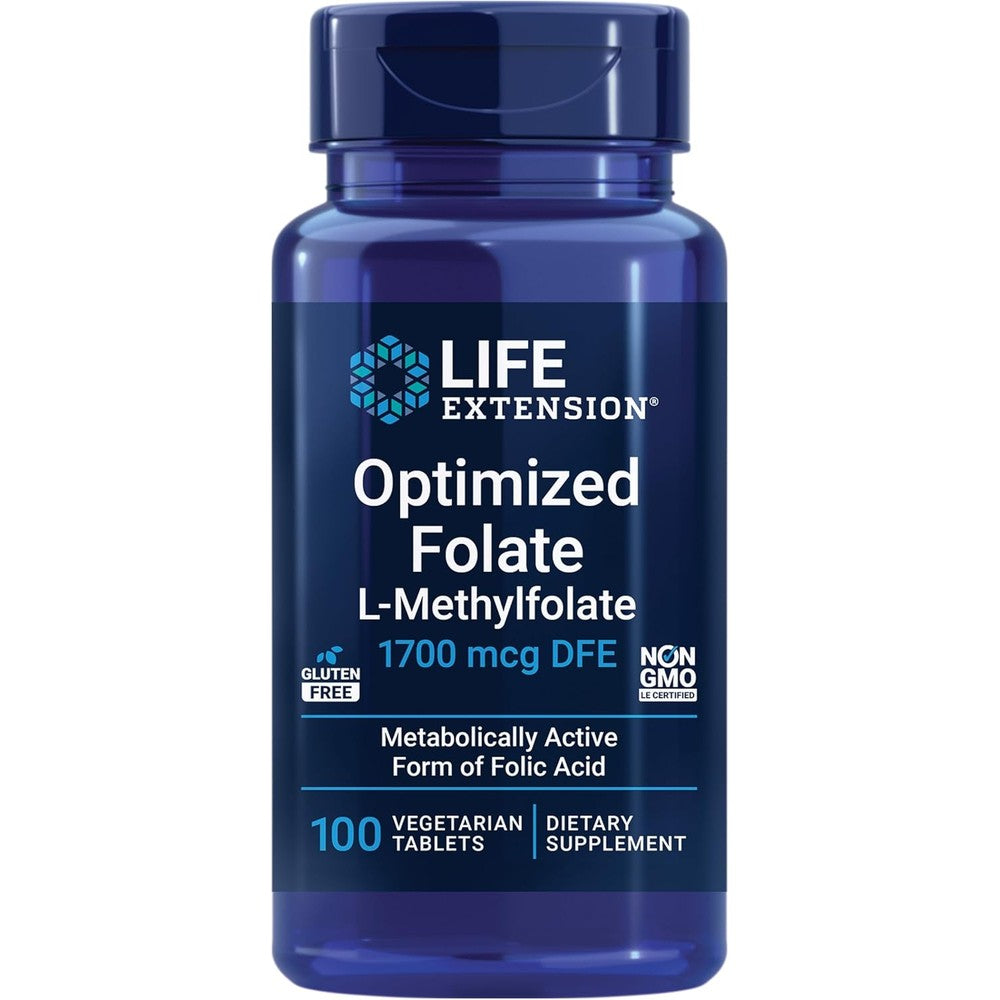 Life Extension Optimized Folate 1700 mcg front view bottle of vitamin b9 supplement