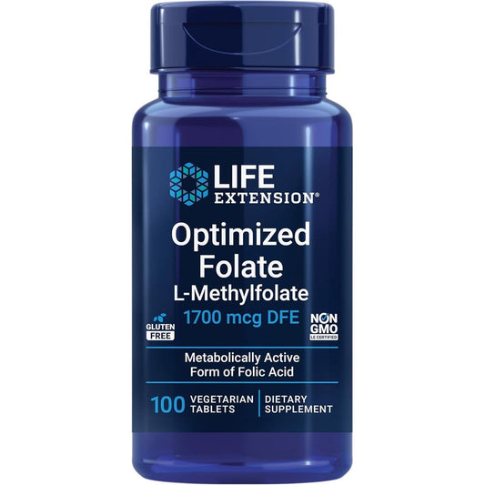 Life Extension Optimized Folate 1700 mcg front view bottle of vitamin b9 supplement