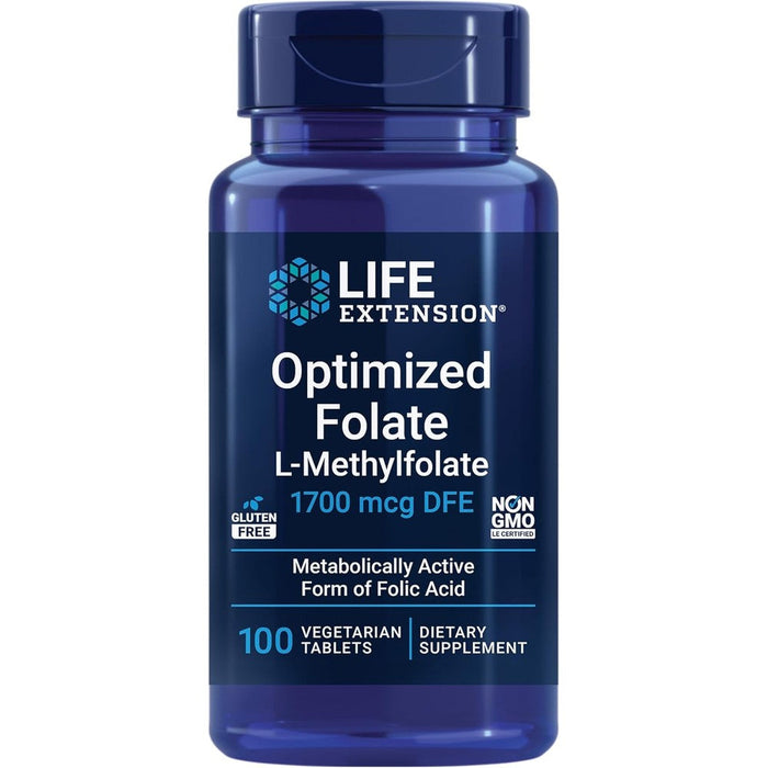 Life Extension Optimized Folate 1700 mcg front view bottle of vitamin b9 supplement