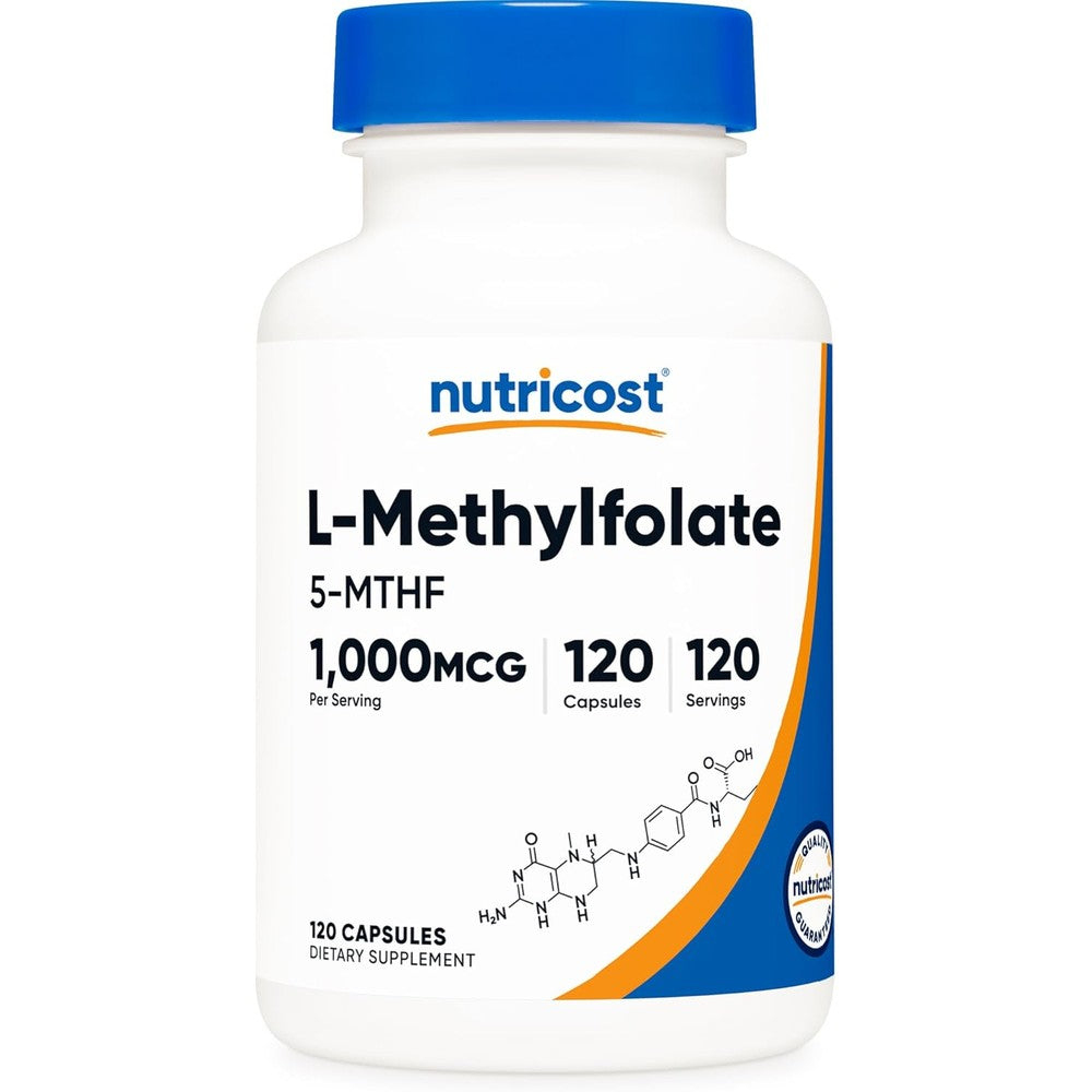 Nutricost Methylfolate 1000 Micrograms front view bottle showing 120 vegetarian capsules