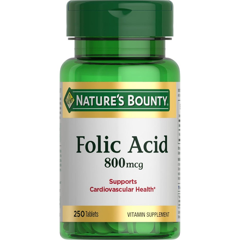 Nature's Bounty Folic Acid 800mcg 250 Tablets front view bottle for heart health supplement