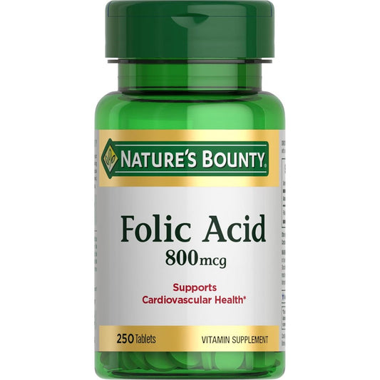 Nature's Bounty Folic Acid 800mcg 250 Tablets front view bottle for heart health supplement