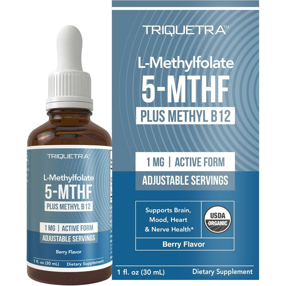 Triquetra Health Organic Methyl Folate liquid bottle front view for premium vitamin B9 supplementation