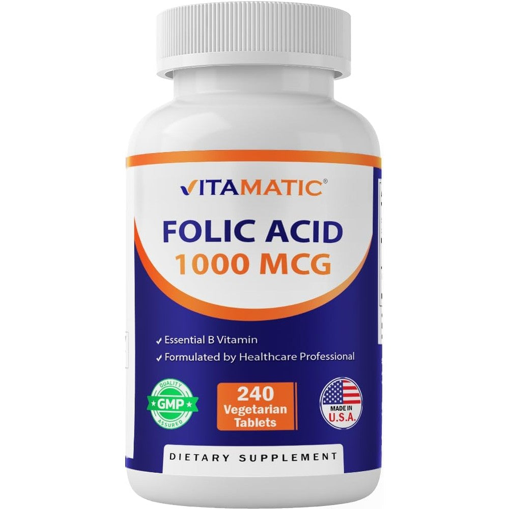 Vitamatic Folic Acid 1000mcg 240 tablets front label view prenatal health supplement