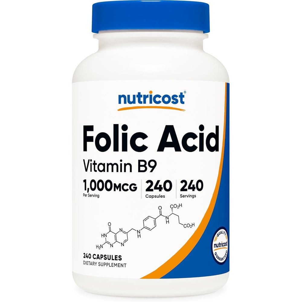 Nutricost Folic Acid Vitamin B9 1000 Micrograms front view bottle for prenatal support