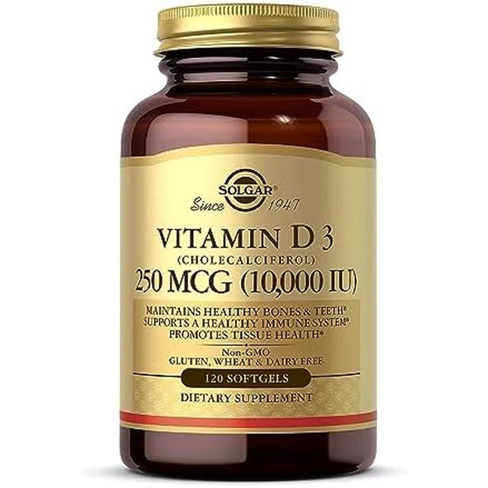 Solgar Vitamin D3 Cholecalciferol 10000 IU front view bottle supplement