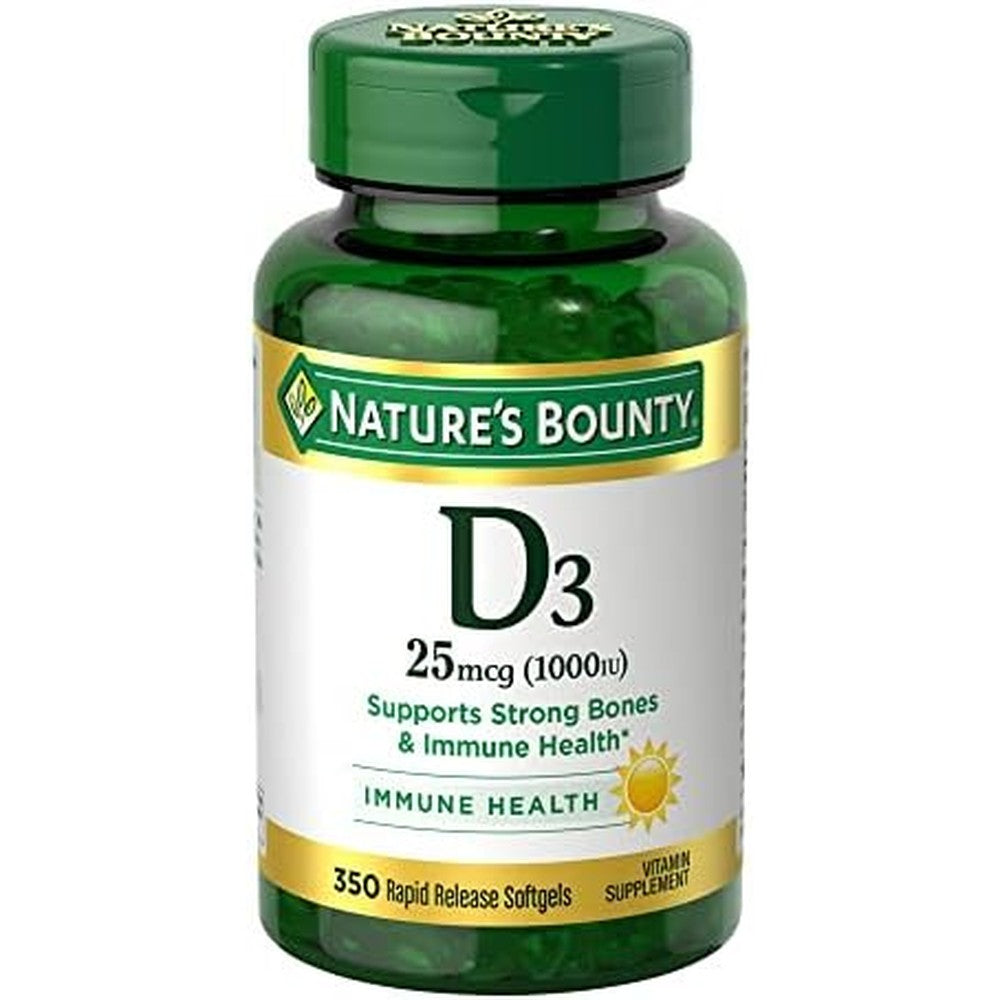 Nature's Bounty Vitamin D3 1000 IU bottle front view showing rapid release softgels description