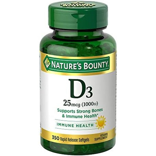 Nature's Bounty Vitamin D3 1000 IU bottle front view showing rapid release softgels description