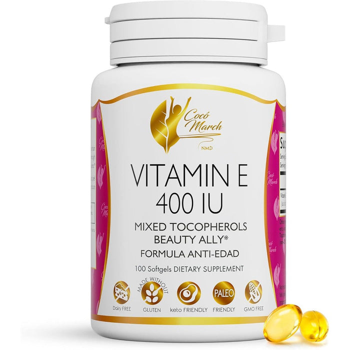 Coco March N.M.D Natural Vitamin E 400 IU softgels front view bottle