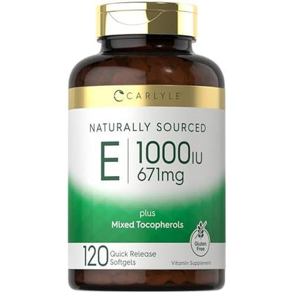 Carlyle Vitamin E 1000 IU 120 softgels bottle front view for antioxidant support