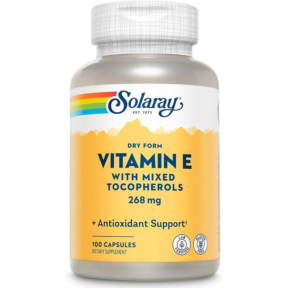 Solaray Vitamin E 400 IU Dry Form bottle front view for premium antioxidant supplement