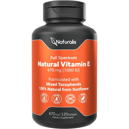 Naturalis Sunflower Vitamin E 120 softgels bottle front view showcasing clean antioxidant support supplement