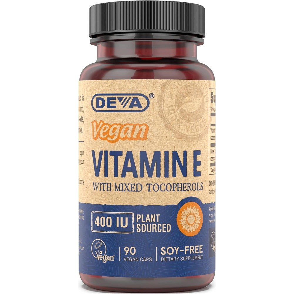 DEVA Vegan Vitamin E 400 IU 90 Capsules front view bottle showcasing plant source certification