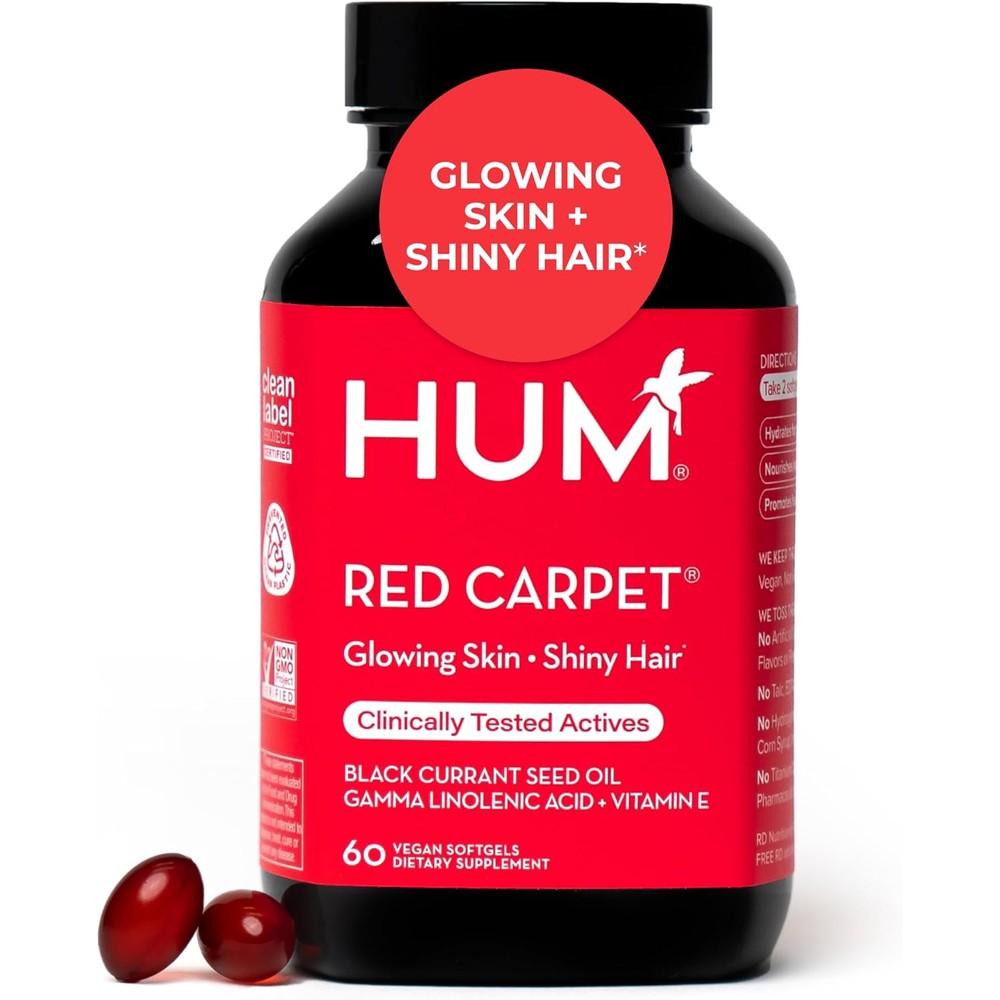 Hum Nutrition Red Carpet skin and hair supplement front view of bottle