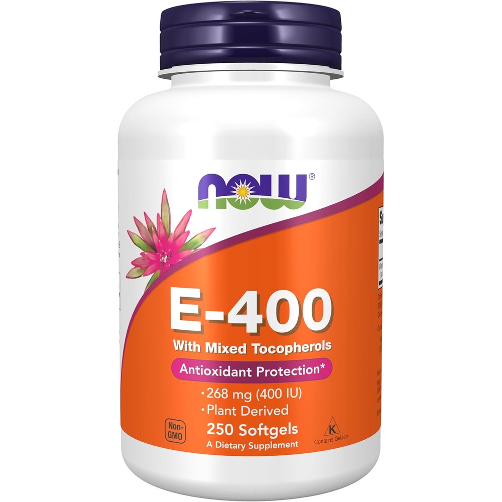 NOW Foods Vitamin E 400 IU 250 softgels front bottle view for natural antioxidant support