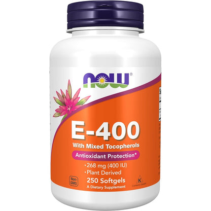 NOW Foods Vitamin E 400 IU 250 softgels front bottle view for natural antioxidant support
