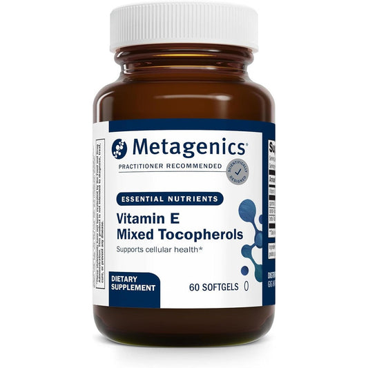 Metagenics Vitamin E Mixed Tocopherols 60 softgels bottle front view for high potency antioxidant protection.