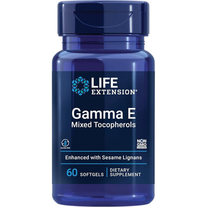 Life Extension Gamma E Mixed Tocopherols supplement front bottle view for antioxidant cellular support.