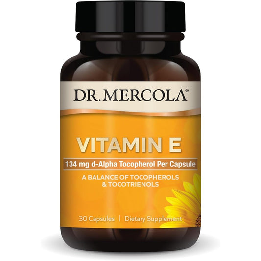 Dr. Mercola Vitamin E Blend 30 capsules front bottle view for authentic Indian imported skincare routine.