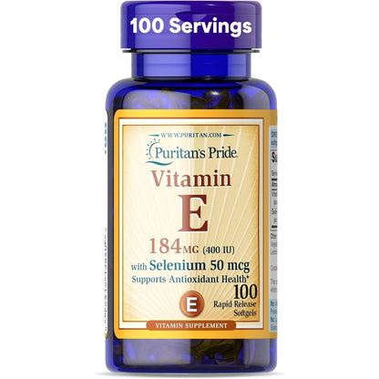 Puritan's Pride Vitamin E 184mg with Selenium 100 Softgels bottle front view showing immune support benefits