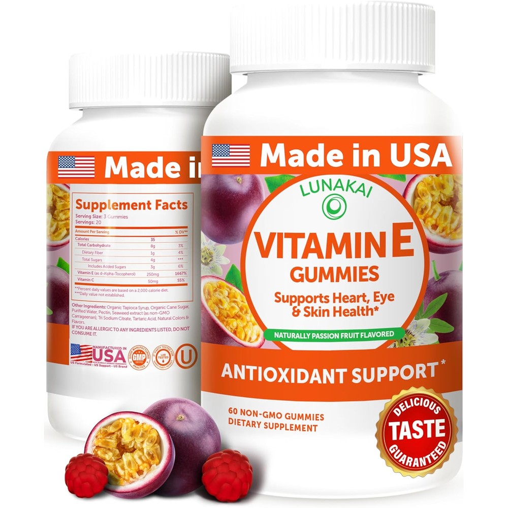 Lunakai Vitamin E Gummies bottle front view for premium skin antioxidant support