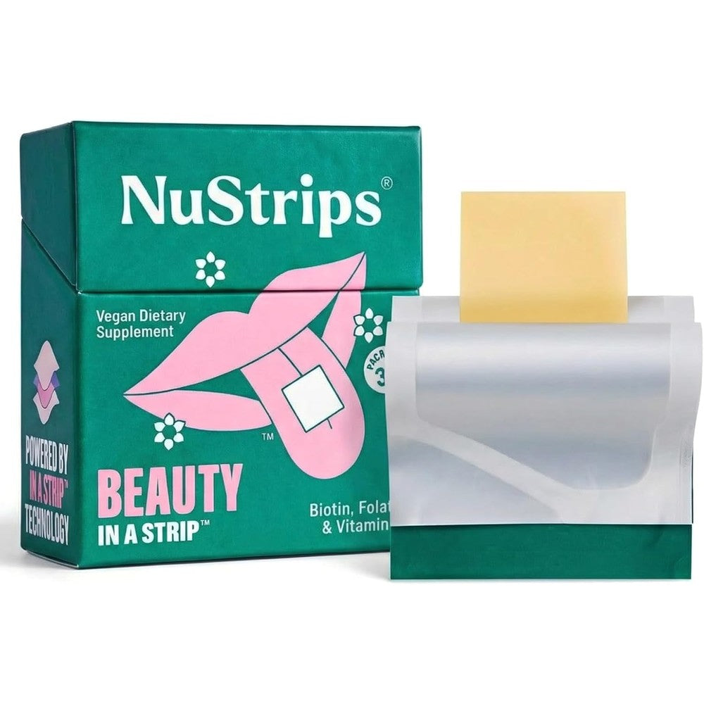 NuStrips Fast Dissolving Beauty Strips package front view showing biotin skin and hair supplement