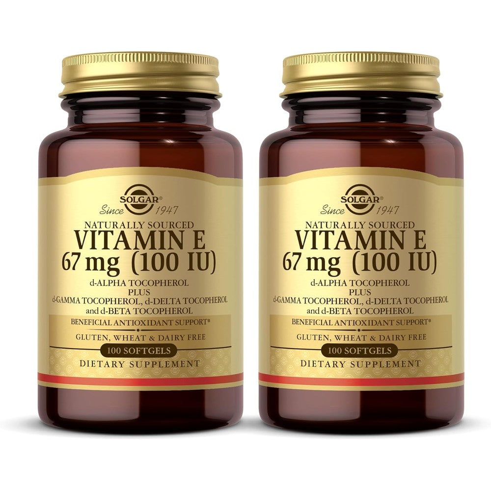 Solgar Naturally Sourced Vitamin E softgels front view of the amber glass bottle packaging.