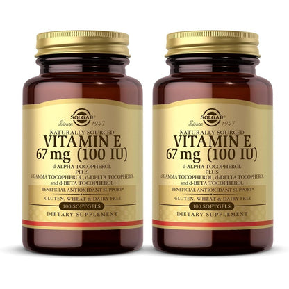 Solgar Vitamin E 100 IU front view bottle of imported antioxidant softgels