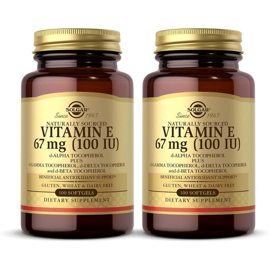 Solgar Vitamin E 100 IU front view bottle of imported antioxidant softgels