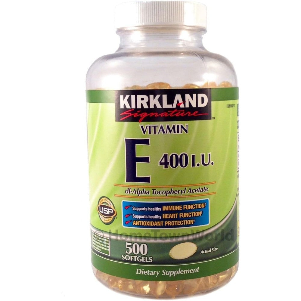 Kirkland Signature Vitamin E 500 softgels bottle front view antioxidant supplement
