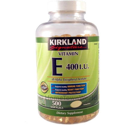 Kirkland Signature Vitamin E 400 IU 500 Softgels bottle front view authentic USA import
