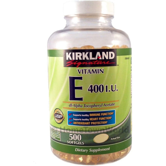 Kirkland Signature Vitamin E 400 IU 500 Softgels bottle front view authentic USA import