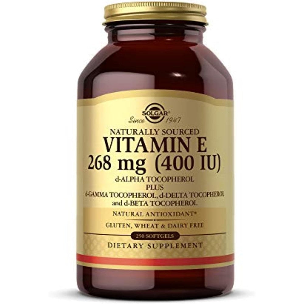 Solgar Vitamin E mixed tocopherols front view bottle packaging natural antioxidant supplement