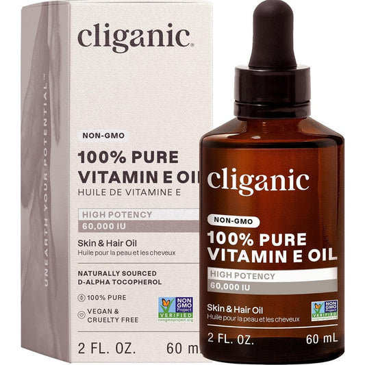 Cliganic Pure Vitamin E Oil sixty thousand IU bottle front view premium imported skincare