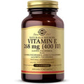 Solgar Vitamin E 400 IU softgels front view of amber glass bottle